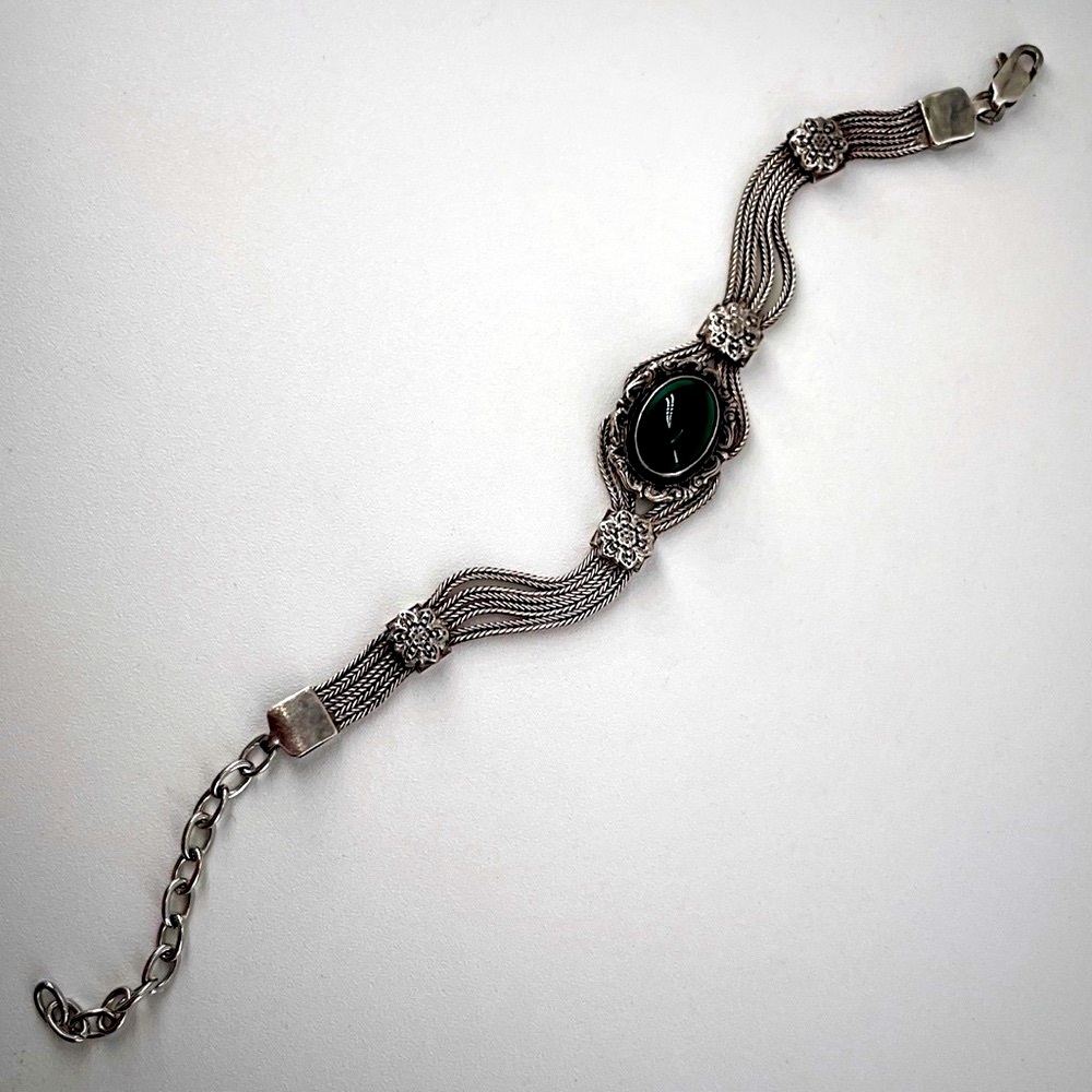 Art Nouveau Antique Green Oval Stone 925 Sterling Silver Fox Tail chain bracelet